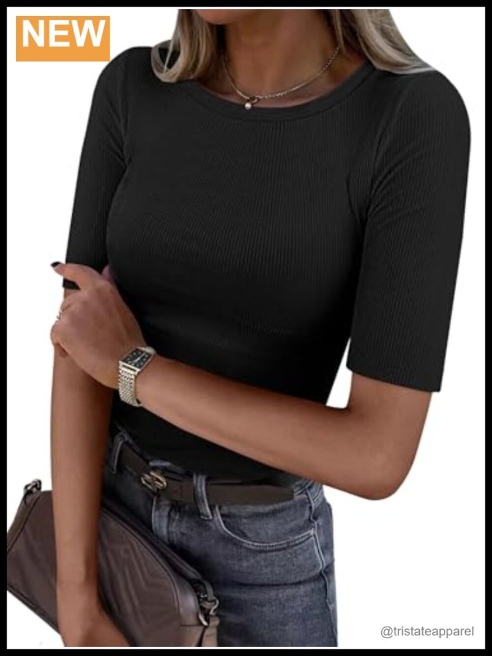 Ribbed Knit Half Sleeve Crew Neck Skinny Fit Tee